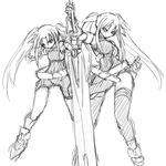  bardiche dual_persona fate_testarossa greyscale lyrical_nanoha mahou_shoujo_lyrical_nanoha mahou_shoujo_lyrical_nanoha_strikers monochrome multiple_girls sketch thighhighs time_paradox uka yuuka_(o.t.kingdom) 