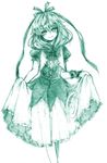  arm_ribbon bow dress dress_lift front_ponytail graphite_(medium) green hair_bow hair_ribbon head_tilt kagiyama_hina monochrome ribbon smirk solo touhou traditional_media usaki_(ama) 