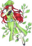  artist_request bare_legs beret blue_eyes bow braid china_dress chinese_clothes dress full_body hair_bow hat hong_meiling long_hair plant puffy_short_sleeves puffy_sleeves red_hair shoes short_sleeves side_slit solo star touhou twin_braids white_background 