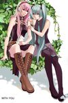  aqua_eyes aqua_hair bad_id bad_pixiv_id blue_eyes boots cat friends hatsune_miku kebei knee_boots legs long_hair megurine_luka multiple_girls necktie pink_hair sitting skirt thighhighs twintails very_long_hair vocaloid yuri 