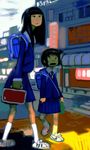  backpack bag black_hair city friends height_difference japan kawaguchi_youhei multiple_girls original randoseru school_uniform skirt 