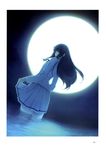  absurdres black_hair blue_eyes from_behind full_moon highres innocent_grey kara_no_shoujo kuchiki_touko long_hair looking_back moon night open_mouth scan school_uniform skirt skirt_hold sky solo sugina_miki water 