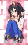  akiyama_mio black_eyes black_hair blonde_hair blue_legwear blush brown_eyes brown_hair chibi cookie cross-laced_footwear eating food food_on_face hair_bobbles hair_ornament highres hirasawa_yui k-on! k10k kotobuki_tsumugi legs listen!! long_hair looking_at_viewer multiple_girls nakano_azusa pantyhose red_legwear shoes short_hair side_ponytail sitting smile sneakers tainaka_ritsu 