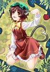  animal_ears brown_hair cat_ears cat_tail chen earrings fangs hat highres jewelry mary_janes multiple_tails paw_pose rakujin red_eyes shoes short_hair solo tail touhou 
