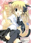  ;d absurdres animal_ears black_legwear blonde_hair candy cat_ears cat_tail commentary food hair_ribbon highres korie_riko legs necktie one_eye_closed open_mouth original ribbon sign smile solo tail thighhighs yellow_eyes 