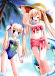  :d absurdres ahoge blonde_hair blush bow clover_heart's fang floral_print hair_bow hat highres innertube mikoshiba_rea mikoshiba_rio multiple_girls navel nimura_yuuji one-piece_swimsuit one_eye_closed open_mouth palm_tree pink_sarong sarong smile straw_hat swimsuit tree twintails 