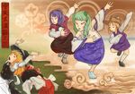  blonde_hair dancing fine_art_parody hakurei_reimu halo kirisame_marisa kochiya_sanae lowres moriya_suwako multiple_girls niconico nihonga oekaki parody touhou translated tsurime ukiyo-e yasaka_kanako yukiman 