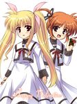  black_legwear blonde_hair fate_testarossa happy_valentine lyrical_nanoha mahou_shoujo_lyrical_nanoha mahou_shoujo_lyrical_nanoha_a's masakichi_(crossroad) multiple_girls pantyhose purple_eyes red_eyes red_hair school_uniform seishou_elementary_school_uniform takamachi_nanoha twintails valentine 