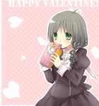  black_dress box brown_hair carrot dress english green_eyes hair_ornament hairclip happy_valentine heart holding kayune_niu original ribbon solo tied_hair twintails valentine 