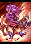  blue_gloves boots breasts eyebrows_visible_through_hair fingerless_gloves gloves large_breasts monster_hunter open_mouth purple_hair red_eyes skirt smoke solo suzuneko_(yume_no_kyoukai) sword teeth weapon 