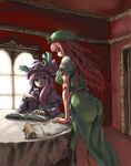  ass book crescent hat hong_meiling katzeh long_hair multiple_girls patchouli_knowledge purple_eyes purple_hair red_hair scroll star table touhou window 
