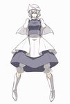  apron arms_behind_back blue_dress blue_eyes dress full_body hat kajiki letty_whiterock long_sleeves looking_at_viewer puffy_long_sleeves puffy_sleeves short_hair silver_hair simple_background smile solo touhou white_background 