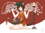  animal_ears barefoot brown_eyes brown_hair can canned_food canned_tuna cat cat_ears cat_tail chen china_dress chinese_clothes chopsticks dress earrings eyeshadow hat jewelry makeup multiple_tails seiza sitting solo tail touhou tsurui 