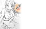  blush breasts cleavage elbow_gloves gloves hairband large_breasts leg_lift midriff monochrome ootomo_takuji original short_shorts shorts sketch smile solo_focus spot_color thighhighs 