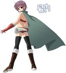  artist_request back bangs bare_shoulders boots cape gloves looking_back nagato_yuki purple_hair short_hair shorts solo suzumiya_haruhi_no_tomadoi suzumiya_haruhi_no_yuuutsu thief_nagato thighhighs translated yellow_eyes 