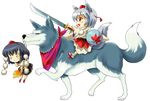  :3 animal chibi geta hat inubashiri_momiji michii_yuuki multiple_girls nyoro~n pom_pom_(clothes) shameimaru_aya sword tengu-geta tokin_hat touhou weapon wolf 