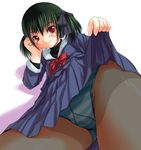  blush bosshi green_hair panties pantyhose pantyshot red_eyes school_uniform skirt skirt_lift solo striped striped_panties underwear yu 