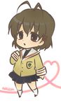  :o antenna_hair blazer blush brown_eyes brown_hair buttons chibi clannad emblem furukawa_nagisa hikarizaka_private_high_school_uniform hinoeya_kiuri jacket kneehighs long_sleeves miniskirt parted_lips pleated_skirt sailor_collar school_uniform skirt solo white_legwear 