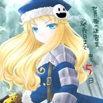  blonde_hair blue_dress blue_eyes buttons dress expressionless fur_trim gunner hat jack_frost long_hair long_sleeves minyo sekaiju_no_meikyuu shoulder_pads solo upper_body very_long_hair 