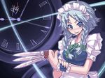  between_fingers blue_eyes blue_hair braid izayoi_sakuya knife maid solo super_zombie touhou twin_braids 