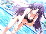  bent_over bikini breasts cleavage hand_on_thigh large_breasts long_hair lyrical_lyric purple_eyes purple_hair solo swimsuit takami_rin water 