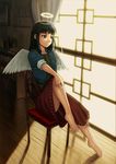  bangs bare_legs barefoot between_fingers black_hair blunt_bangs bookshelf breast_pocket breasts chair cigarette closed_mouth denim denim_jacket feathered_wings frown full_body haibane_renmei halo indoors jacket knee_up looking_away medium_breasts open_clothes open_jacket outstretched_arm plantar_flexion pocket red_skirt reki shadow skirt sleeves_folded_up sleeves_rolled_up smoke smoking solo unbuttoned white_wings wings wooden_floor yasuomi 