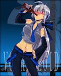  abe_takakazu alcohol blush bottle bow breasts cameo cleavage detached_sleeves headphones large_breasts long_hair lowres midriff necktie red_eyes silver_hair solo very_long_hair vocaloid voyakiloid yaranaika yowane_haku 