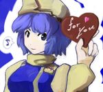  blue_hair blush chocolate chocolate_heart eighth_note english hat heart letty_whiterock lowres musical_note simon_(artist) solo speech_bubble spoken_musical_note touhou valentine 