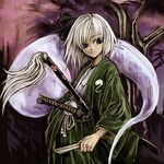  cervus fan folding_fan hitodama japanese_clothes kimono konpaku_youmu konpaku_youmu_(ghost) sheath sheathed solo sword touhou weapon 