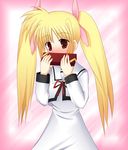  blonde_hair blush chocolate cross_(crossryou) fate_testarossa long_hair lyrical_nanoha mahou_shoujo_lyrical_nanoha school_uniform seishou_elementary_school_uniform solo valentine 