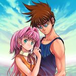  1girl :o blue_eyes blush brown_hair collarbone couple hetero kutsuno looking_at_viewer macross macross_7 mylene_jenius nekki_basara parted_lips pink_hair shirt short_hair sleeveless sleeveless_shirt spiked_hair sunglasses tank_top toned toned_male upper_body 