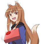  animal_ears fang fumotono_mikoto gift holding holding_gift holo incoming_gift long_hair solo spice_and_wolf tail valentine wolf_ears 