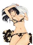  armpits arms_up bikini bikini_pull black_hair black_sarong brown_eyes floral_print head_tilt long_hair lying navel on_back print_bikini print_sarong sarong sarong_removed shirt_lift shoya_virgin_night solo strap_slip sweat swimsuit tanaka_yutaka undressing wet 