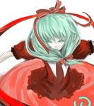  bow face frills front_ponytail ginji_(sakaki_summer) hair_bow kagiyama_hina leaning_forward outstretched_arms puffy_short_sleeves puffy_sleeves red_bow red_hair shawl short_sleeves simple_background solo spread_arms touhou white_background 