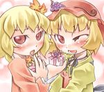  :o ;d aki_minoriko aki_shizuha bangs blonde_hair blush chestnut_mouth choker food fruit gift grapes hair_ornament hat holding holding_gift leaf_hair_ornament long_sleeves looking_at_viewer lowres multiple_girls nyagakiya one_eye_closed open_mouth red_eyes ribbon_choker short_hair siblings sisters smile touhou upper_body 