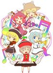  beamed_eighth_notes beamed_sixteenth_notes bird blonde_hair blue_hair brown_hair dotted_quarter_note frog hat instrument keyboard_(instrument) lunasa_prismriver lyrica_prismriver merlin_prismriver michii_yuuki moriya_suwako multiple_girls music musical_note mystia_lorelei pink_hair quarter_note singing staff_(music) touhou trumpet violin wings 