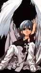  angel angel_wings blue_eyes blue_hair cross dnangel hiwatari_satoshi latin_cross male_focus official_art silver_hair simple_background sitting solo sugisaki_yukiru wings 