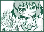  :i ascot blush breasts cleavage eyebrows flower green kazami_yuuka lowres medium_breasts monochrome nyagakiya solo sunflower thick_eyebrows touhou upper_body 