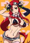  armpits barbell_piercing bikini_top breasts caramelldansen curvy elbow_gloves gloves jpeg_artifacts large_breasts long_hair midriff narrow_waist navel navel_piercing open_mouth piercing ponytail red_hair short_shorts shorts skindentation solo suna tengen_toppa_gurren_lagann thighhighs toned underboob yellow_eyes yoko_littner 