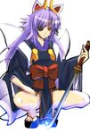  animal_ears eyepatch feet horns japanese_clothes katana kuon_(shinrabanshou) loincloth magic multiple_tails ninja purple_hair red_eyes shinrabanshou smile solo spread_legs squatting sword tail takashima weapon 