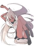  breasts dark_skin full_body kokage-san kusaka_kokage legs medium_breasts original panties pantyshot plantar_flexion sketch skirt socks solo stretch tail underwear white_hair 