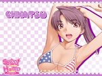  american_flag_bikini armpits arms_up bikini bikini_top breasts brown_eyes checkered checkered_background cleavage collarbone flag_print furuhashi_chinatsu game_cg kiriyama_taichi large_breasts open_mouth purple_hair solo sweet_home swimsuit underboob 