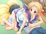  1girl 69 ariko_youichi barefoot blonde_hair brown_eyes fortune_cookie game_cg jpeg_artifacts panties school_uniform takaya_ren underwear 