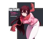  2008 blush brown_hair character_name chocolate copyright_name happy_valentine leaning_forward long_hair mouth_hold nagare_hyougo pants purple_eyes red_scarf scarf solo sweater thigh_gap true_tears valentine yuasa_hiromi 