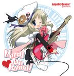  bow buttons cape electric_guitar fang guitar hat hizuki_yayoi instrument large_buttons little_busters! long_hair noumi_kudryavka one_eye_closed pink_bow plaid plaid_skirt silver_hair skirt solo thighhighs 