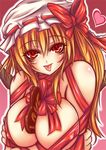  alternate_breast_size bad_id bad_pixiv_id blonde_hair breasts chocolate chocolate_heart cleavage flandre_scarlet food_between_breasts heart huge_breasts long_hair older red_eyes solo suzuneko_(yume_no_kyoukai) tongue touhou valentine 