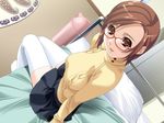  bed brown_eyes brown_hair dutch_angle game_cg glasses ino looking_up morishige_misora niizuma_wa_serafuku short_hair sitting skirt smile solo sweater thighhighs white_legwear zettai_ryouiki 