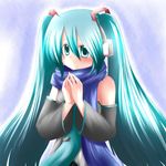 aqua_hair blue_scarf detached_sleeves hands_together hatsune_miku long_hair looking_at_viewer misana scarf solo twintails vocaloid 