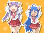  &gt;_&lt; bad_id bad_pixiv_id caramelldansen closed_eyes hiiragi_kagami izumi_konata long_hair lucky_star mole mole_under_eye multiple_girls pink_neckwear ryouou_school_uniform school_uniform serafuku twintails wao_(artist) 