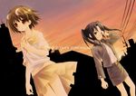  amasawa_yuuko black_hair brown_eyes brown_hair dennou_coil glasses jacket long_hair multiple_girls okonogi_yuuko pencil_skirt ros sakurazawa_izumi short_hair skirt sunset twintails 